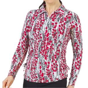 IBKUL Kamika Red and Black Patterned Top Sun Protective Golf King Sleeve Large